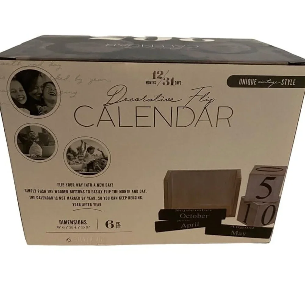Silver One International Decorative Flip Calendar Wooden Vintage Style Farmhouse
